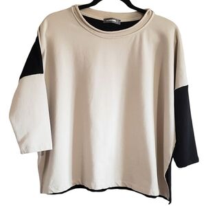 Alembika Top Women's Beige and Black Colorblock 0 Luxe Relaxed Oversized Tunic